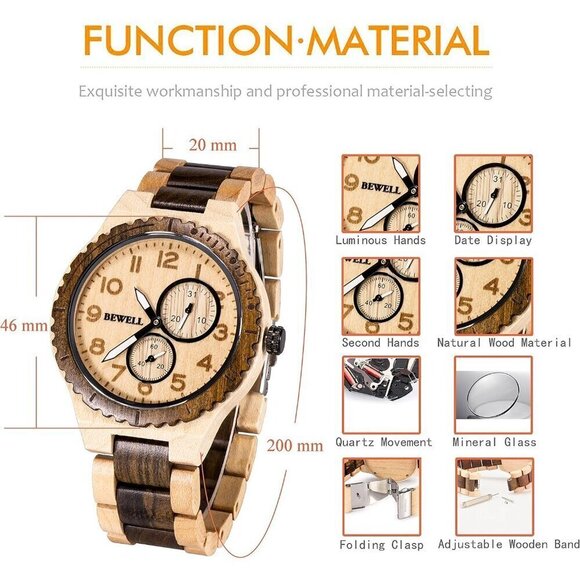 ✨ Bewell Analog Quartz Men Brown Retro Handcraft Lightweight Wooden Wristwatch - Picture 6 of 6